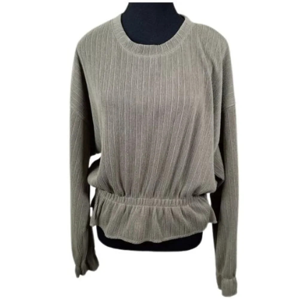 Zara Womens Size Medium Crew Neck Textrued Ribbed Long Sleeve Ruched Waist Top